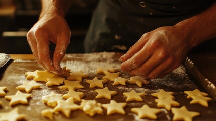 Hands shaping star-shaped cookie dough on a floured surface.