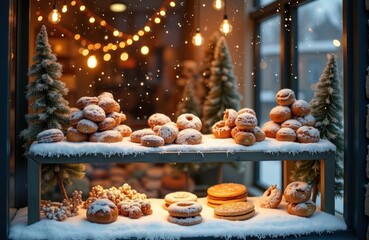 Christmas shop window display delicious sweet treats snowy day. Lots of sugared donuts, pastries snow covered shelves. Festive lights, decorated trees background. Cozy winter scene. Perfect winter