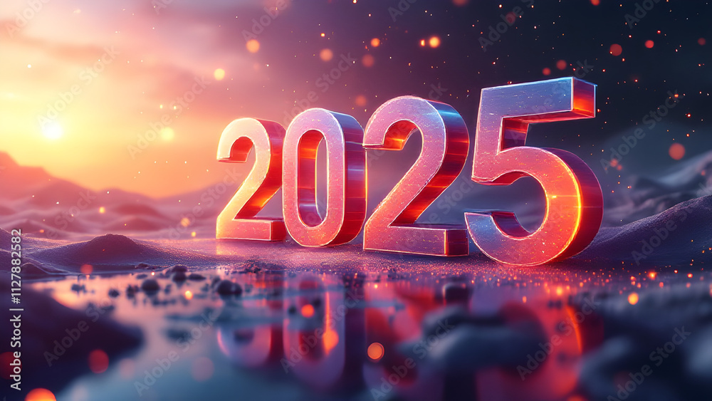 Poster 2025 new year 3d text on futuristic technology background.
