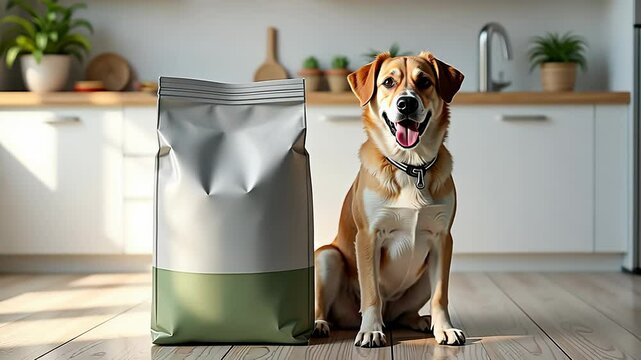 Happy dog excitedly awaits mealtime in modern kitchen setting