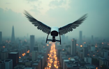 Obraz premium A surreal concept image of a surveillance camera with wings flying over a cityscape with blurred lights