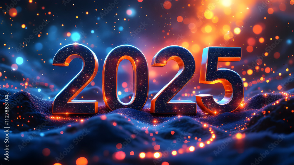 Poster 2025 new year 3d text on futuristic technology background.
