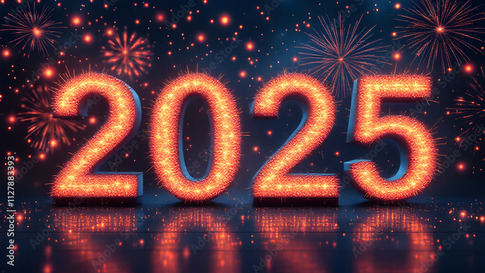 Poster 2025 new year 3d text on futuristic technology background.
