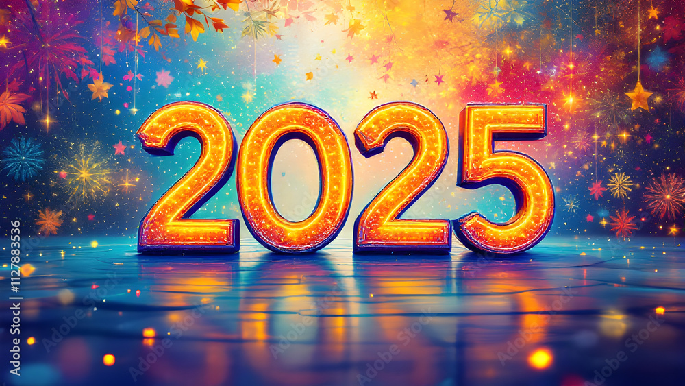 Poster 2025 new year 3d text on futuristic technology background.