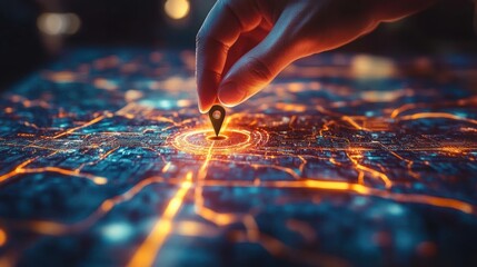 Digital Map with Pins for GPS Navigation and Route Planning in Cyberpunk Style