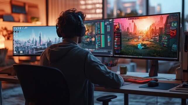 Indian Male Game Designer in Modern Office Using Desktop Computer with 3D Modelling Software for Video Game Development