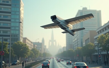 A surreal concept image of a surveillance camera with wings flying over a cityscape with blurred lights