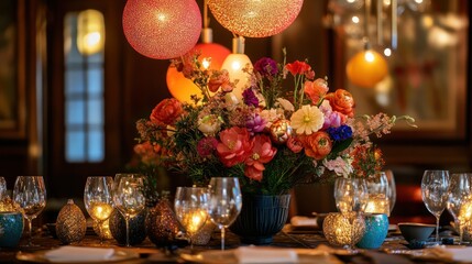 Festive decorations featuring vibrant string lights, intricate ornaments, and a centerpiece glowing with holiday warmth