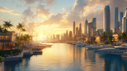 Fototapeta premium Seaside city with marina and modern buildings, coastal vibe, golden hour,
