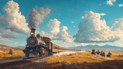 A steam train journeys across a vast, sun-drenched prairie, cowboys on horseback trailing behind under a dramatic sky.