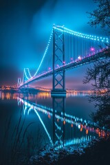Fototapeta premium A city bridge illuminated with sparkling blue and white lights, reflecting off the calm river below, the sky, Generative AI 