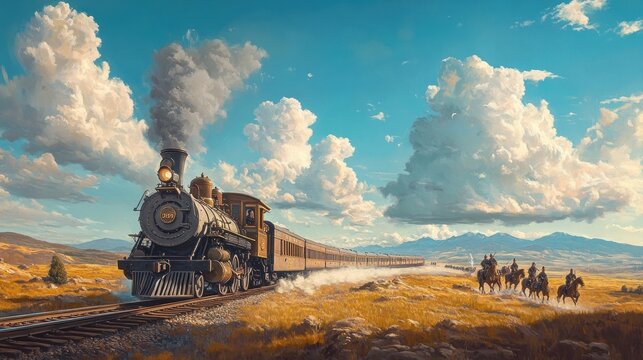 A steam train journeys across a vast, sun-drenched prairie, cowboys on horseback trailing behind under a dramatic sky.