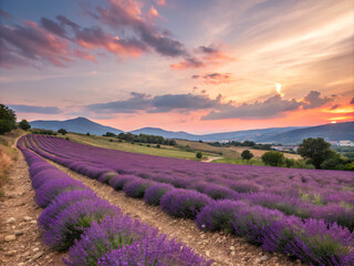 Obraz premium lavender field at sunset. field, lavender, landscape, flower, nature, purple, sky, summer, flowers, provence, france, agriculture, countryside, plant, spring, farm, sunset, green, rural, grass, meadow