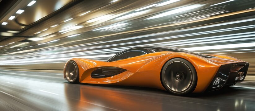 shiny orange car speeds down highway leaving streaks of lights moton blurr sports racing car