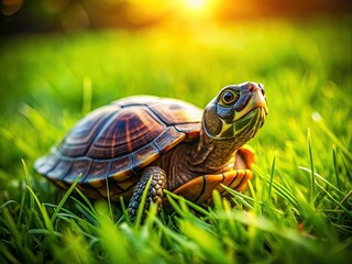 Obraz premium Cute reptile basks in summer sun, its shell gleaming against the green.