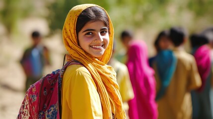 Fototapeta premium Smiling girl, yellow scarf, backpack, school children.