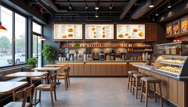 Modern fast food restaurant interior. Wood accents, industrial design. Customers sit at tables counter. Display cases showcase food options. Digital menu boards visible. Restaurant spacious, clean.