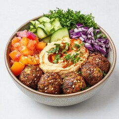 A vibrant and healthy falafel bowl with hummus, fresh vegetables, and herbs.