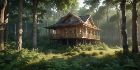 Wooden house hidden behind dense foliage of trees in a forest clearing, forest, secluded, wooden house