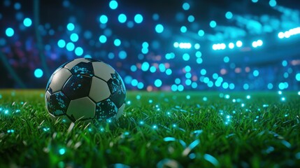 Fototapeta premium A glowing soccer ball on a vibrant, illuminated field.