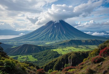 Landscape photo of the beautiful view of Mount Krakatoa in the middle of the sea creating its own island