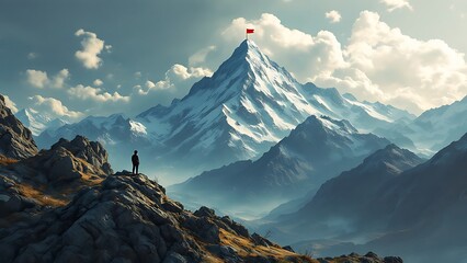 Business success challenge and climbing a high mountain metaphor as a businessman with a goal of retreiving a red flag from the peak or summit