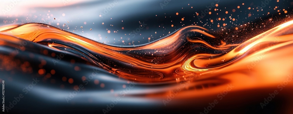 Poster abstract liquid waves in orange and black with light reflection and soft focus