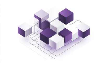 Obraz premium Abstract 3D isometric illustration of interconnected purple and white cubes on a network.
