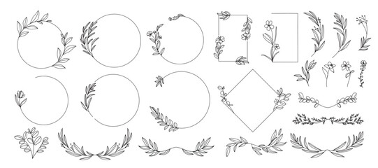 hand drawn simple Frame line wreath with flower and leaf branch for wedding banner ,logo template	