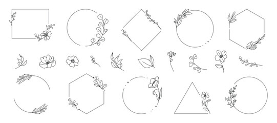 hand drawn simple Frame line wreath with flower and leaf branch for wedding banner ,logo template	