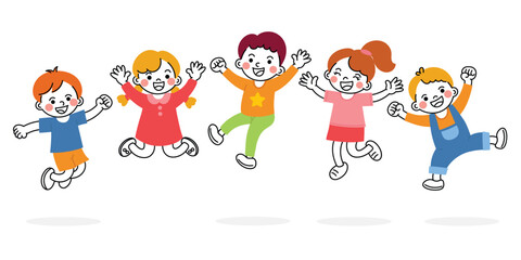 Cute jumping kids characters design vector set. Collection children fun  of kindergarten, girls, boys with different poses, happy, smile. Back to school with kids illustration for education.