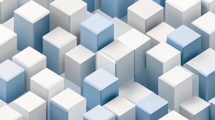 Abstract 3D isometric rendering of white and blue cubes forming a city-like pattern.