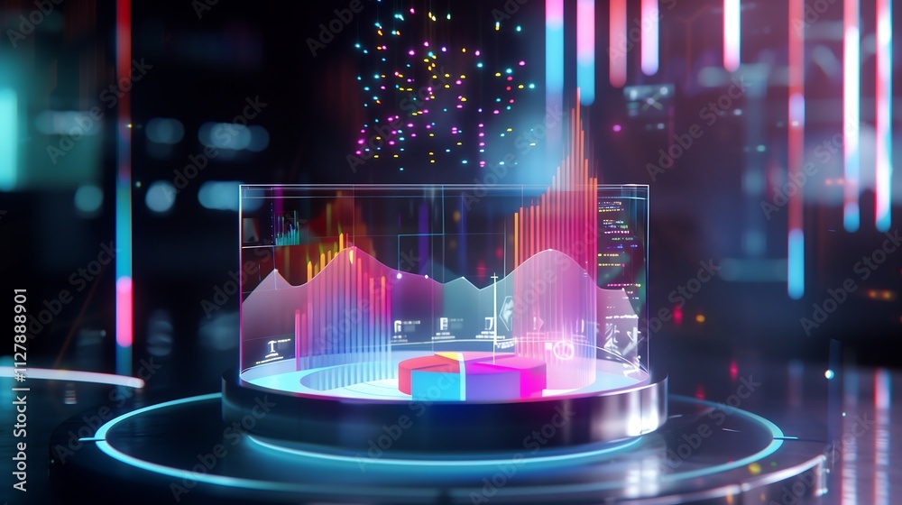 Poster 3d holographic business analysis dashboard displaying rotating pie charts, dynamic financial bar gra