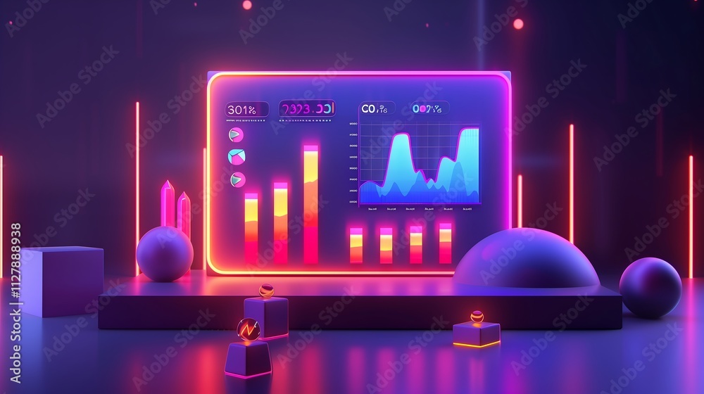 Poster 3d model of a digital dashboard with glowing bar graphs, line charts, and interactive data points vi