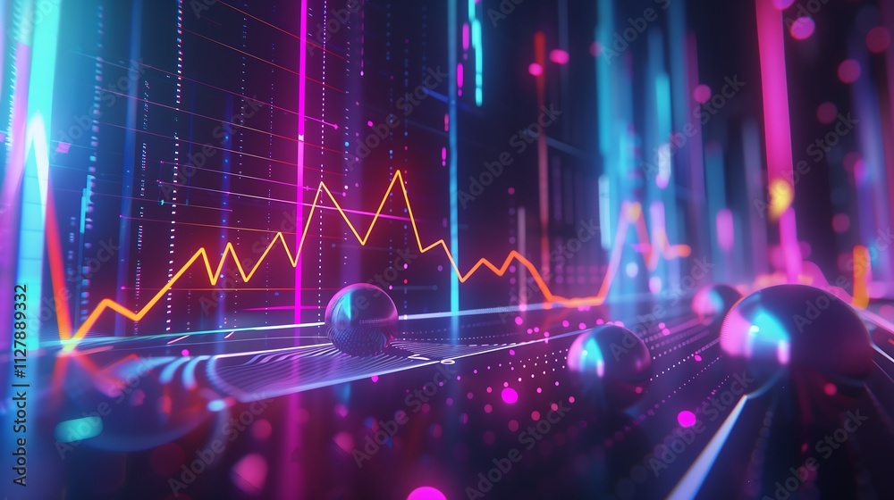 Poster abstract 3d business data visualization of profit and loss trends with animated spheres and glowing 
