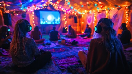 Festive silent disco countdown, glittering fairy lights, themed playlists, and an intimate, vibrant atmosphere,