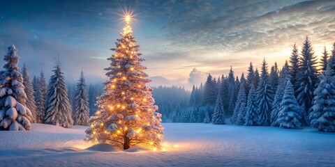 Enchanted Winter Forest with Illuminated Christmas Tree at Sunset
