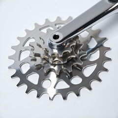 Close up of an intricately designed bicycle gearset highlighting precision engineering and machinery, photography of still life concept.
