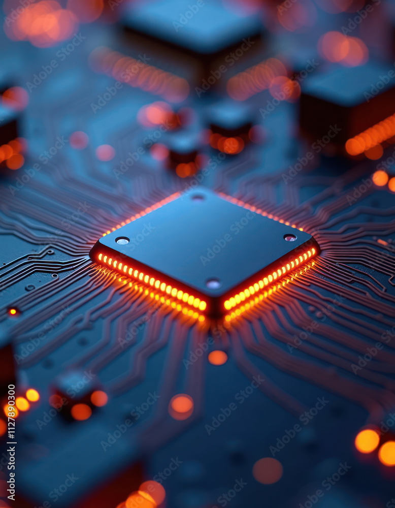 Poster advanced tech chip on circuit board glows with orange light. intricate patterns show tech innovation