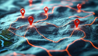 3D Map with Mapping Pins Network Lines Illustrating Geographic Information System Analysis and Spatial Data Connections