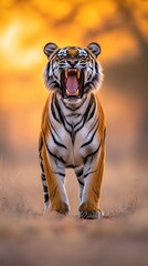 Fototapeta premium A fierce tiger roaring in the wild, displaying its majestic stripes against a warm, glowing background.
