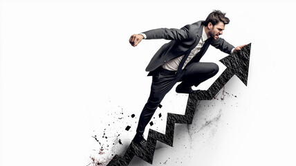 A Dynamic Image of a Businessman Climbing an Arrow, Struggling for Business Success