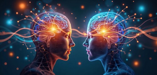 Abstract human and AI minds merge. Colorful neural networks and digital data streams intertwine. Bright sparks and light pulses show thought flow. Two people faces show minds merging.