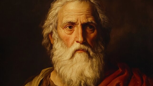 Oil painting; aged man, long white beard.