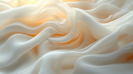 Obraz premium Abstract Light Beige Fabric Drapery Background with Vanilla Toned Blurry Cosmetics and Dreamy Textures