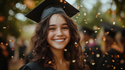 Smiling graduate in a black cap and gown with a yellow tassel, surrounded by colorful falling confetti at an outdoor graduation ceremony. Academic achievement and celebration concept
