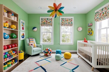 Vibrant Nursery Decor with Colorful Toys and Soft Green Walls in a Bright Modern Environment