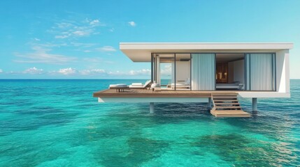 Fototapeta premium Modern floating house over clear turquoise water.