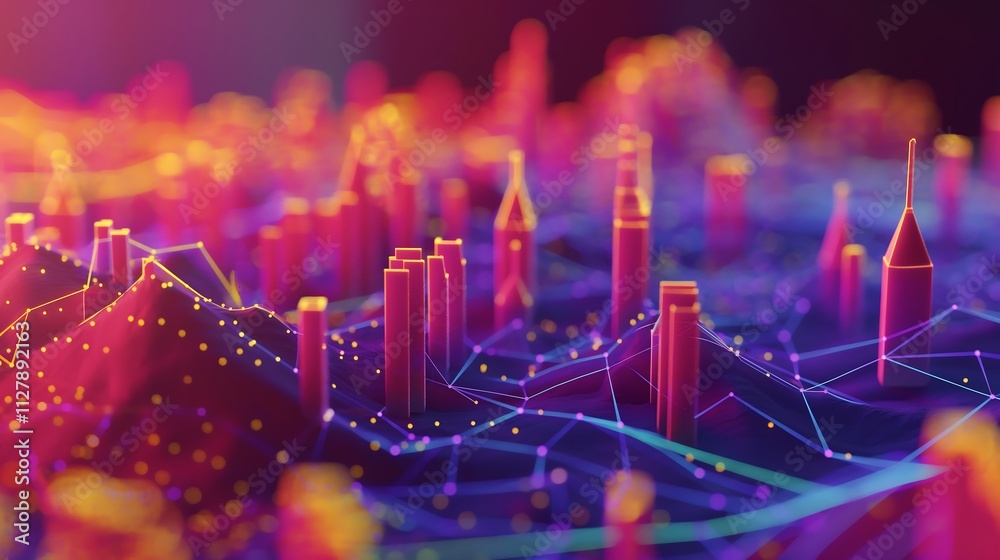 Poster interactive 3d representation of business performance metrics, with floating data points and animate