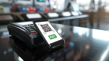Close-up of a smartphone displaying a QR code and a "PAY" button alongside a modern POS terminal. Perfect for secure contactless payment and digital transaction themes.